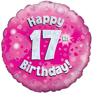 Oaktree 18 Inch Happy 17th Birthday Pink Holographic Balloon Pink/Silver (One Size)