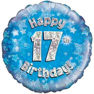 Oaktree 18 Inch Happy 17th Birthday Blue Holographic Balloon Blue/Silver (One Size)