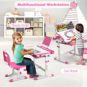 Costway Height Adjustable Kids Study Table and Chair Set w/Book Stand & LED Light