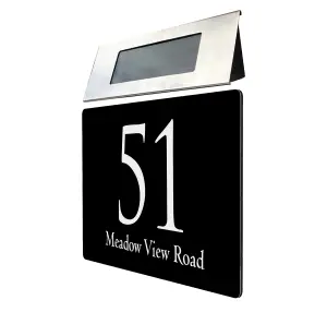 Personalised Aluminium House Plaque with Solar Light Customised with Your House Number and Street Name 160 x 280mm Black