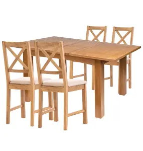 Hallowood Furniture Camberley Oak Butterfly Extending Dining Table with 4 Cross Back Chairs in Beige Fabric Seats