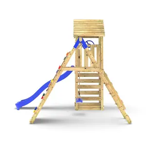 Limited Edition Rebo Wooden Climbing Frame with Swing and Up & over Climbing wall - Bear Blue