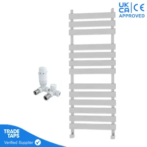 Designer Marvella White Flat Panel Towel Radiator Heated Ladder Rail - 1300 x 500mm - Corner TRV Valve Pair