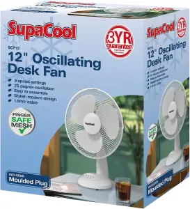 12inch Lightweight Desk Fan Portable 3 Speed Low Noise Oscillation Powerful Airflow Adjustable Tilt 3 Years Guarantee White