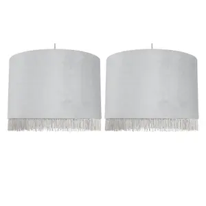 First Choice Lighting Set of 2 Fringed Silvery Grey 38cm Fringed Velvet Pendant Shades