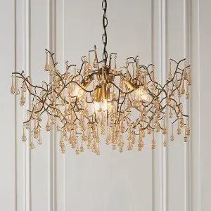 Aged Gold Branch Ceiling Chandelier - Glass Droplets - Decorative Light Fitting