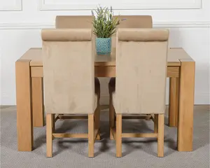 Kuba 150 x 85 cm Chunky Medium Oak Dining Table and 4 Chairs Dining Set with Washington Beige Fabric Chairs