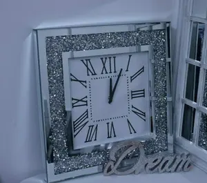 Square Crushed Jewel Mirror Wall Clock Black Hands Roman Diamante