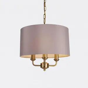 First Choice Lighting Pair of 3 Light Antique Brass Pendant Chandelier with Grey Fabric Shade