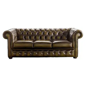 Chesterfield 3 Seater Antique Gold Leather Sofa Bespoke In Classic Style