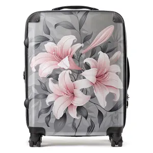 Pink Lilies On Grey Suitcase - Large