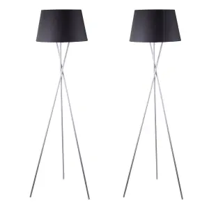 First Choice Lighting Pair Grey Tripod Floor Lamp with Black Fabric Shade