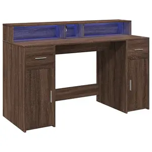 Berkfield Desk with LED Lights Brown Oak 140x55x91 cm Engineered Wood