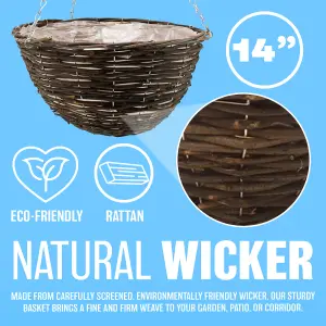 Set Of 2 Rattan Natural Wicker Hanging Basket Flower Plant Pot Garden 14"