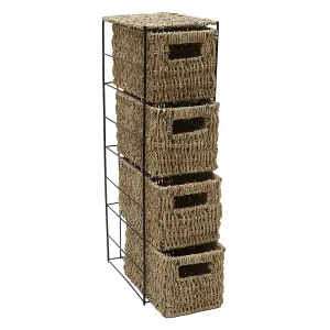 JVL Seagrass Basket 4 Drawer Tower Storage Unit with Metal Frame Home Office