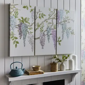 Laura Ashley Wisteria Floral Purple Canvas art, Set of 3 (H)90cm x (W)60cm