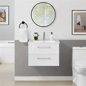 Yaheetech White Wall Mounted Bathroom Vanity Unit Cabinet with Ceramic Basin