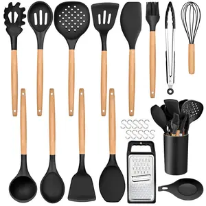 Kitchen Utensils Set,  25 Pieces Soft Silicone Cooking Utensil Set With Holder, Natural Wooden Handle Kitchen Spatula Spoon For Cooking Baking, Non Stick & Heat Resistant, Black Black