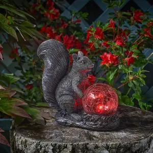 Solar Powered LED Squirrel Garden Ornament - Hand Painted Polyresin Sculpture with Light Up Crackle Ball - H18.5 x W19.5 x D9cm