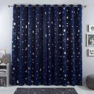 Dreamscene Galaxy Star Thermal Blackout Curtains PAIR of Eyelet Ring Top Ready Made Panels Metallic Moon - Navy Blue,66" x  90"