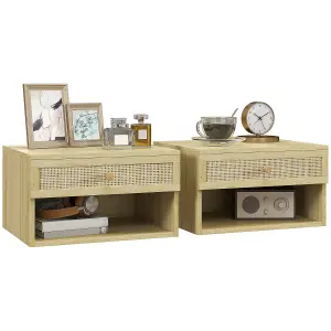 Floating Nightstands Set of 2 with Rattan Drawer and Storage Shelf for Bedroom