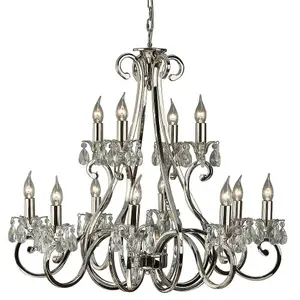 Esher Ceiling Pendant Chandelier Polished Nickel & Crystal Curved 12 Lamp Light