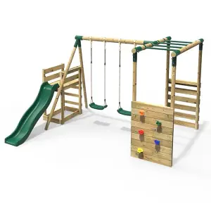 Rebo Wooden Children's Swing Set with Monkey Bars plus Deck & 6ft Slide - Double Swing - Venus Green