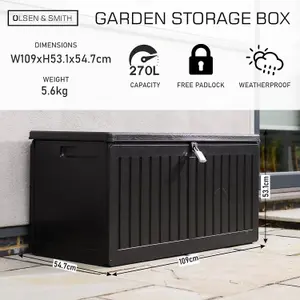 Olsen & Smith 270L Capacity Outdoor Garden Storage Box With Padlock Plastic Shed - Weatherproof & Sit On with Wood Effect