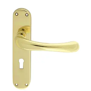 Rounded Smooth Latch & Lock Door Handle - Polished Brass Lever On Backplate