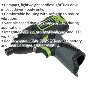 10.8V Cordless Impact Driver - 1/4" Hex Drive - BODY ONLY - Variable Speed