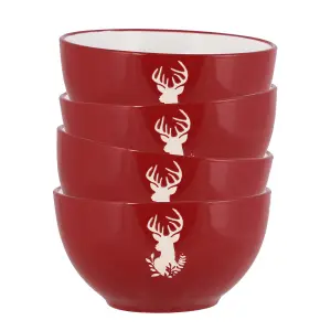 Set of 4 Red Stag Christmas Dinnerware Stoneware Bowls