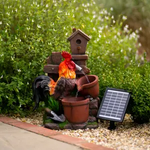 Primrose Solar Powered Rooster Pouring Pots Tiered Cascading Water Feature With Battery Backup and Lights 57cm