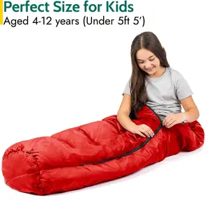 Trail Kids Sleeping Bag Mummy Hooded 3 Season Soft Warm 2 Way Zip Red Boys Girls