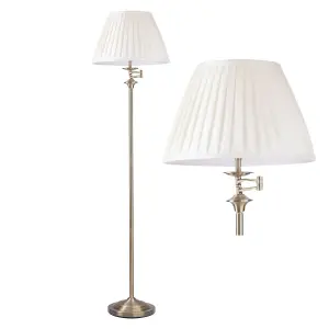 First Choice Lighting Antique Brass Swing Arm Floor Lamp with White Pleated Shade