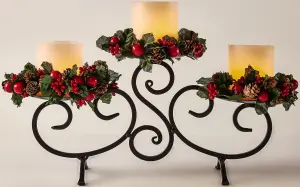 Small Festive Floral Candle Holder with Pinecone & Berry Decorations & LED Candles - Measures H15.5 x W32.5 x D12.5cm