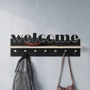 Decortie Modern Welcome Letter Wall Hanger Oak Metal 7 Metal Hooks for Hanging Shelf Rack Hotels Hallway Bedroom (Black)