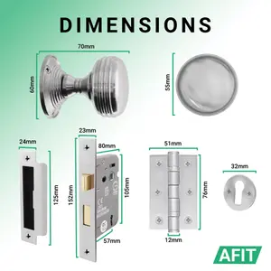 AFIT Lined Key Lock Door Knob Set Satin Chrome, 1 Pair of Mortice Knobs (55mm), Sash Lock (80mm) & Hinges (76mm) for Internal Door