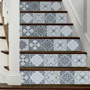 Walplus Light Blue Floral Tiles Home Decor Stairs Stickers, Decals, DIY Art Home