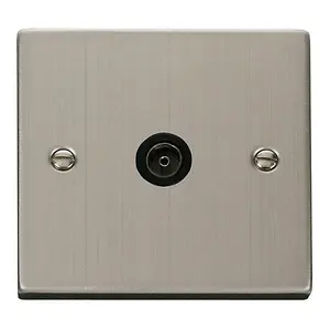 Stainless Steel 1 Gang Single Coaxial TV Socket - Black Trim - SE Home