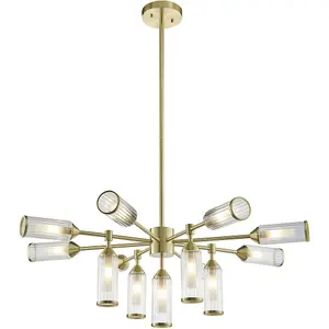 Multi Arm Hanging Ceiling Pendant Light - Satin Brass Plate With Clear & Frosted Glass Shade - 13 x 3W LED G9