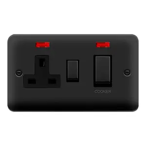 Curved Matt Black Cooker Control Ingot 45A With 13A Switched Plug Socket & 2 Neons - Black Trim - SE Home