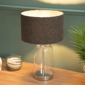 ValueLights Jessy Glass and Silver Chrome Metal Bedside Table Lamp with a Charcoal Grey Boucle Lampshade