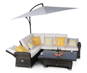 Seville Outdoor Rattan Garden Corner Sofa Dining Set with 3m Parasol - Brown