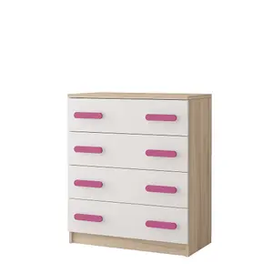 Charming Oak Sonoma and White Chest H930mm W800mm D400mm - Pink Handles for Playful Interiors