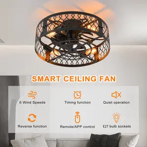 50cm Farmhouse Reversible Caged Ceiling Fan with Light Kit and Remote Black