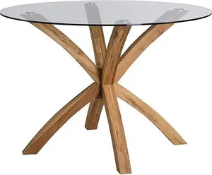 Lugano Glass & Oak Round Dining Table, Glass Top Solid Oak Legs, Modern Designer Dining Furniture Modern Wooden - Cherry Tree Furniture - Dining