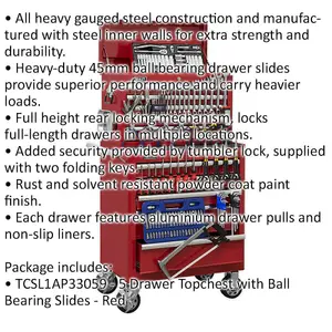 Heavy Duty 10 Drawer Tool Storage Bundle with 147 Piece Tool Kit in Red