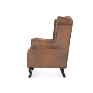 Faux Leather Suede Brown Britannia Wing Back Chair with Union Jack Flag