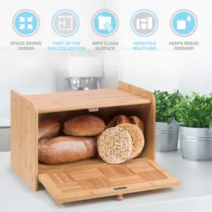 Woodluv Bread Bin Countertop Bread Storage for Kitchen With Drop Down Front Lid, 23 x 38 x 24 cm