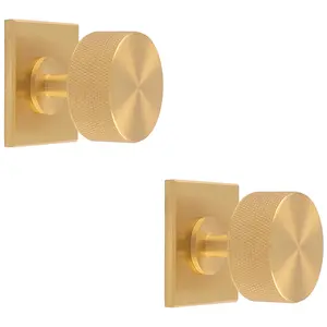 2 PACK - Knurled Radio Cabinet Door Knob & Matching Backplate - Satin Brass 40 x 40mm